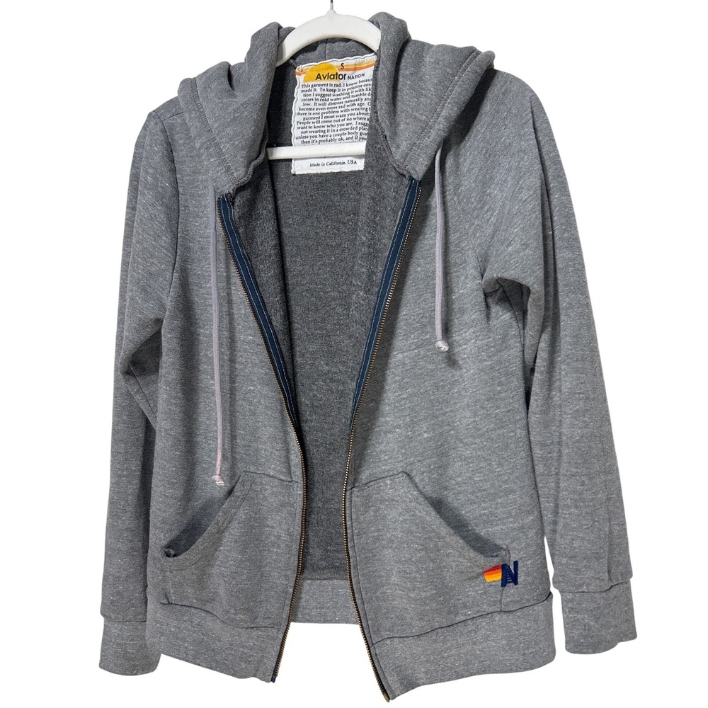 Aviator Nation Heather Gray Rainbow Lightning Bolt Zip Up Hoodie Small